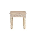Goldoma 24 inch solid wood end table with natural distressed finish, square top, placed next to a sofa in a living room