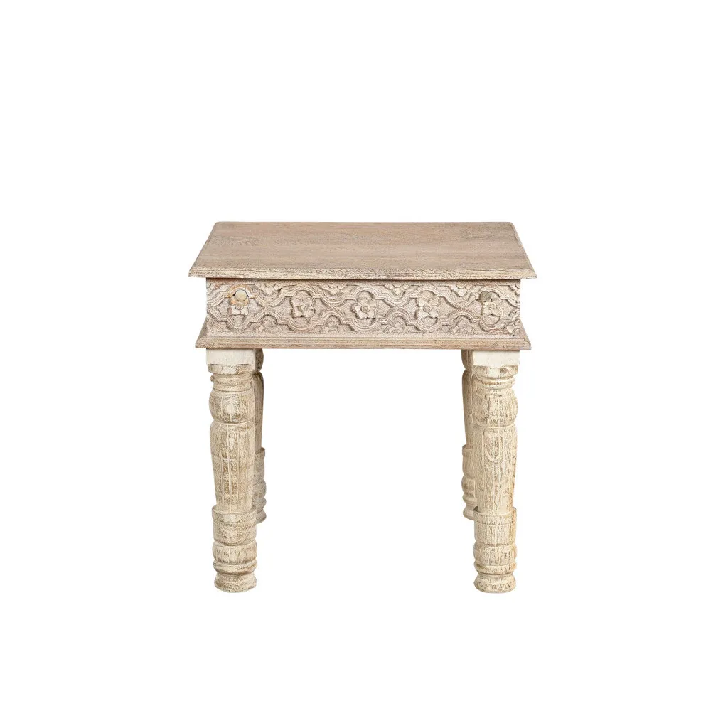 H1cda2741ad46490990d33aa95580494a6.webp Goldoma 24 inch solid wood end table with natural distressed finish, square top, placed next to a sofa in a living room