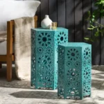 ELIANA modern hexagon side table with cut-out patterns in a small space living room setting