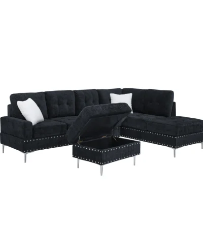 Goldoma L-shape sectional sofa with tufted chenille fabric, storage ottoman, and chrome legs in a modern living room