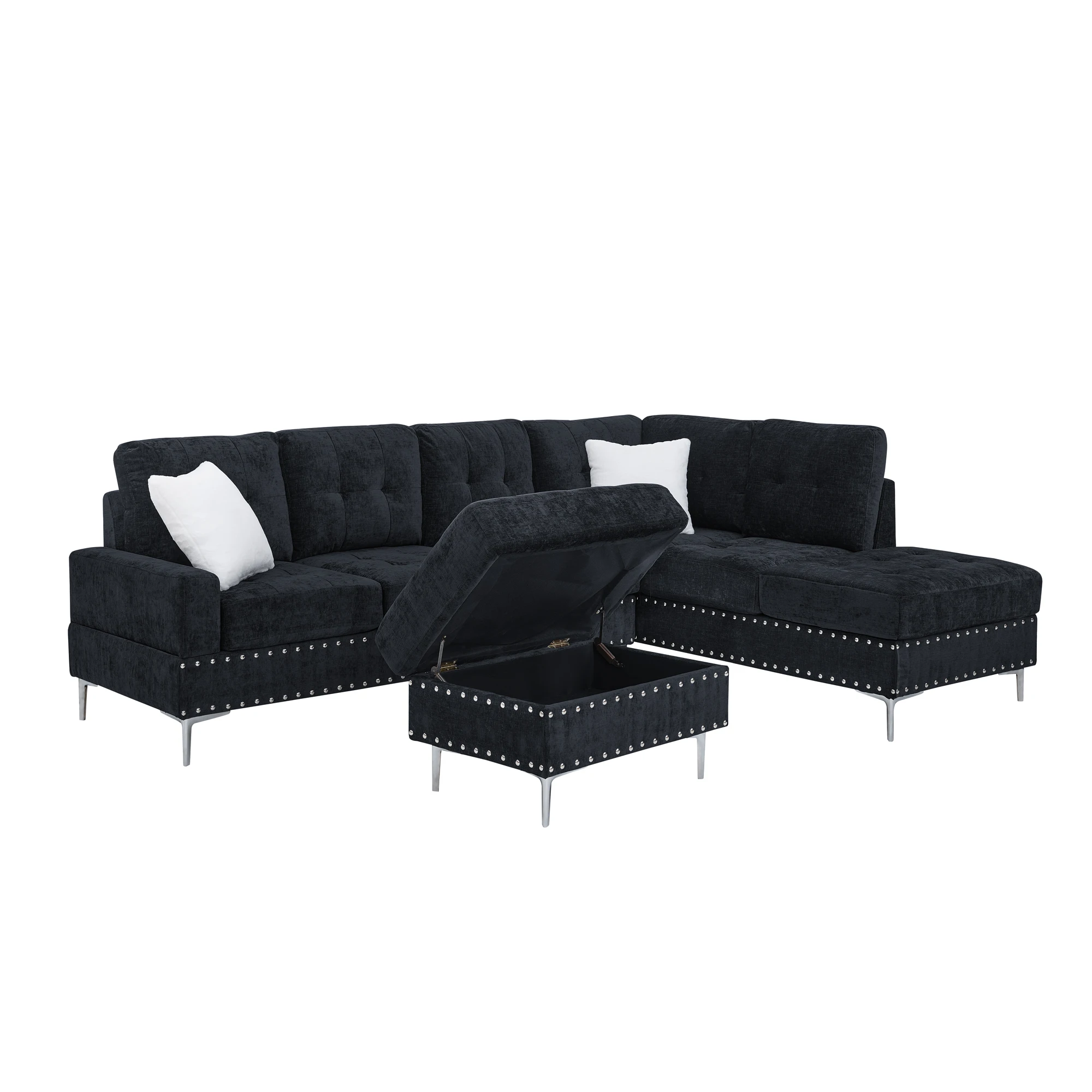 H1d285d7b10ba41b7b9147d03e0bd4985j.webp Goldoma L-shape sectional sofa with tufted chenille fabric, storage ottoman, and chrome legs in a modern living room