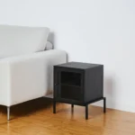 Goldoma 26 inch solid wood end table with black metal base, brown wood top, square shape, modern design for living room