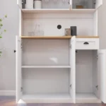 Modern pantry cabinet 71 inch with solid wood panel microwave countertop and six doors in white finish for kitchen storage organization