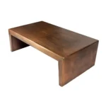 Goldoma 54-inch solid wood coffee table with copper-brass metal frame on living room floor