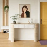 Modern solid oak console table with hidden drawers in an entryway