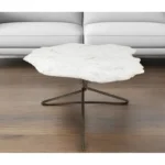 Goldoma 33 inch genuine marble coffee table with white marble top and gold iron base in a living room setting