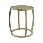 Goldoma 26-inch round end table with clear glass top and brown wood base in a living room setting
