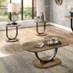 Goldoma 3-piece coffee table set with oak wood top and U-shape base in sand black finish