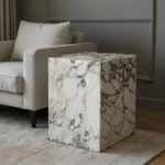 Goldoma 20-inch ivory marble square block end table with natural veining and wood base