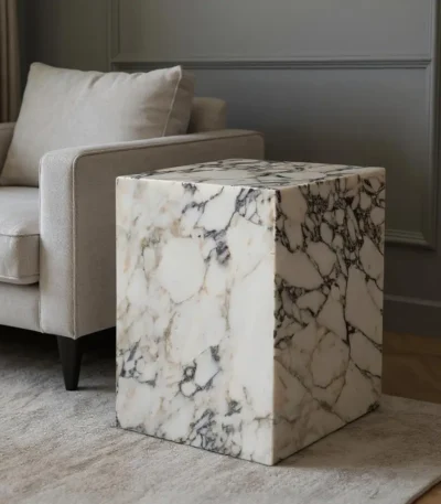 Goldoma 20-inch ivory marble square block end table with natural veining and wood base