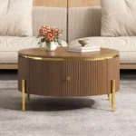 Goldoma round coffee table with two drawers in brown eco-friendly wood