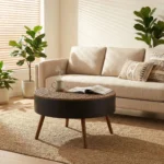 Goldoma 43.7 inch elliptical modern coffee table with hidden storage and removable tabletop in a living room setting