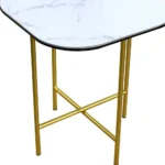 Goldoma white and gold end table with ceramic faux marble top and gold metal base in a modern living room setting