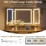 Goldoma corner makeup vanity desk with 3-way adjustable lighted mirror and USB charging station in natural oak finish