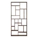 Goldoma tall narrow bookcase 10-tier in brown and natural wood against a living room wall with books and decor