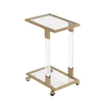 Modern c shape glass side table with chrome base and acrylic accents sliding under sofa in living room