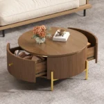 Goldoma round coffee table with two drawers in brown eco-friendly wood