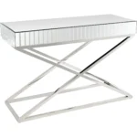 Goldoma 47 inch silver mirrored glass console table with chrome X-base in a modern living room entryway
