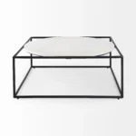Goldoma 36 inch genuine marble coffee table with white marble top and black metal base in a modern living room setting