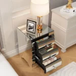 Baked curved mirror nightstand with 3 drawers in modern wood finish, perfect for small bedroom