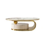 Goldoma White Marble Oval Coffee Table with Wooden Drawer - modern oval coffee table with storage