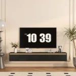 Goldoma floating floor mount TV stand with LED lights and power outlet for 65-inch TVs in high-gloss black finish