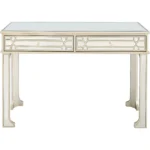 Goldoma Regal Feel Mirror Console Table in champagne with beveled mirror drawers and curved metal legs placed in a living room