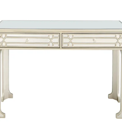 Goldoma Regal Feel Mirror Console Table in champagne with beveled mirror drawers and curved metal legs placed in a living room