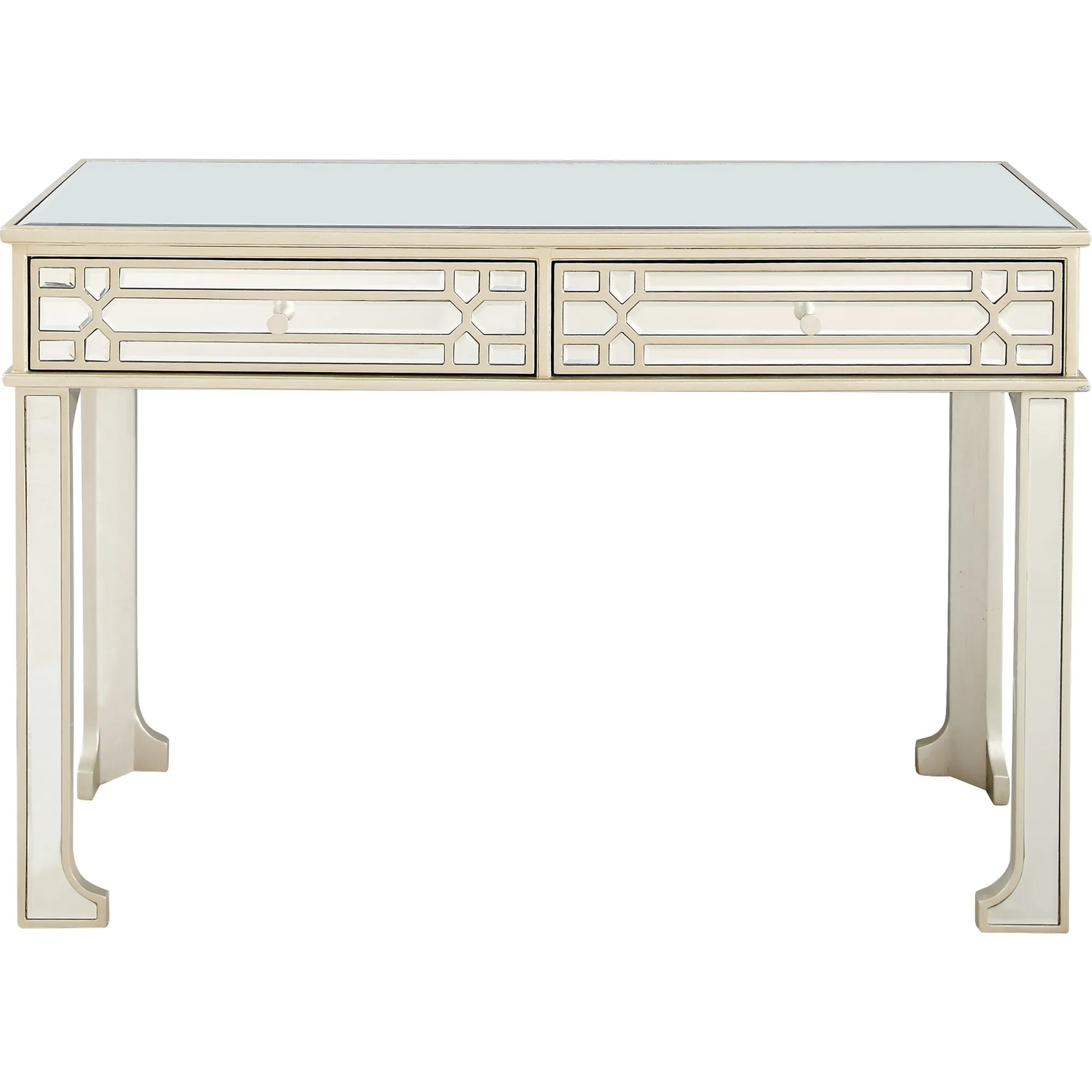 H21c0e07bff3043b499aecb42fae13137s.webp Goldoma Regal Feel Mirror Console Table in champagne with beveled mirror drawers and curved metal legs placed in a living room