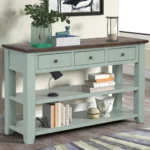 Goldoma retro blue console table with drawers and shelves in living room