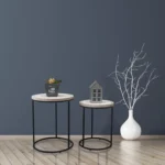 Farmhouse end table set of 2 with carved MDF tops and black metal sled bases in washed white