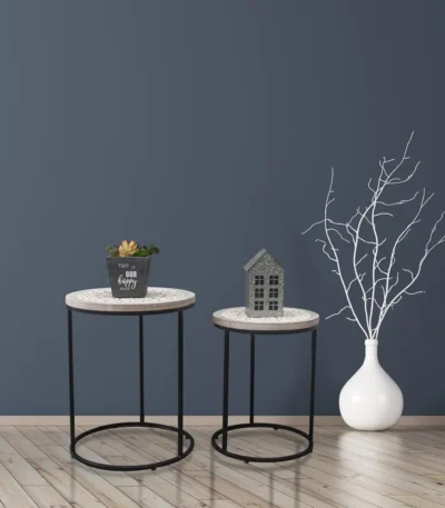 Farmhouse end table set of 2 with carved MDF tops and black metal sled bases in washed white