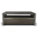 Goldoma 47-inch brown solid wood and dark gray concrete coffee table with drawer and shelf in a modern living room