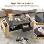 Goldoma high gloss coffee table with drawers and hidden compartment in black and wood grain finish for modern living room