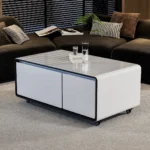 Goldoma smart coffee table with mini fridge and wireless charging in modern living room