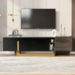 Goldoma mid-century TV stand with black MDF and metal legs, featuring drawer and cabinets for TV up to 59 inches