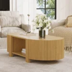 Goldoma oval fluted coffee table with storage in rubber solid wood, featuring a lower shelf and open storage doors, perfect for modern living rooms