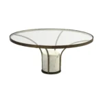 Goldoma 36-inch round pedestal coffee table with antiqued gold base and clear glass top