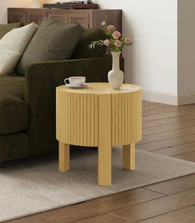 Goldoma fluted side table with storage - solid wood round side table with adjustable height and soft-close door in living room