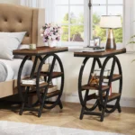 Narrow side table with three tiers of storage, industrial metal and MDF design by Goldoma for small spaces