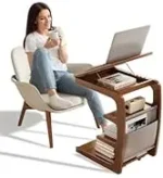 Goldoma C-Shaped End Table with lockable wheels and adjustable top in a modern living room setting