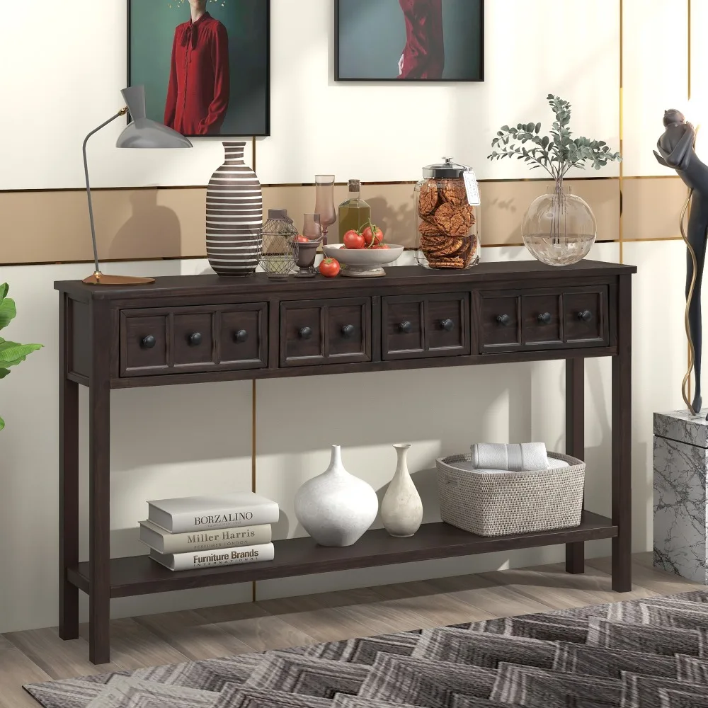 H2329e7b04cc9481888a9f062eaa2af78p.webp Rustic console table with drawers and shelf in espresso finish, perfect for entryway organization