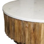 Goldoma 42 inch round marble coffee table with genuine ivory marble top and natural solid wood ribbed base in a modern living room