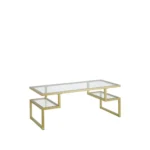 Goldoma 45-inch gold glass and steel coffee table with two shelves in a modern living room