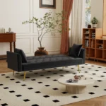 Modern 72-inch convertible sofa bed velvet tufted loveseat in beige, converted to bed mode in a living room