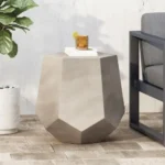 Light grey MGO side table on a patio with a drink and plant, showcasing its weather-resistant outdoor use.