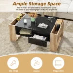 Goldoma high gloss coffee table with drawers and hidden compartment in black and wood grain finish for modern living room