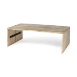Goldoma 48-inch brown solid wood coffee table with metal accents in a living room, vintage style