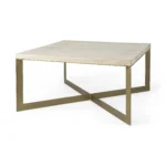 Goldoma 34 inch beige square coffee table with wood top and metal frame in a modern living room