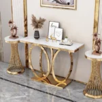 Modern marble console table with stainless steel frame in entryway